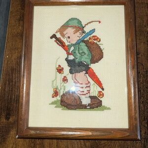 Hummel Cross-Stitch Art with Green and Red Accents